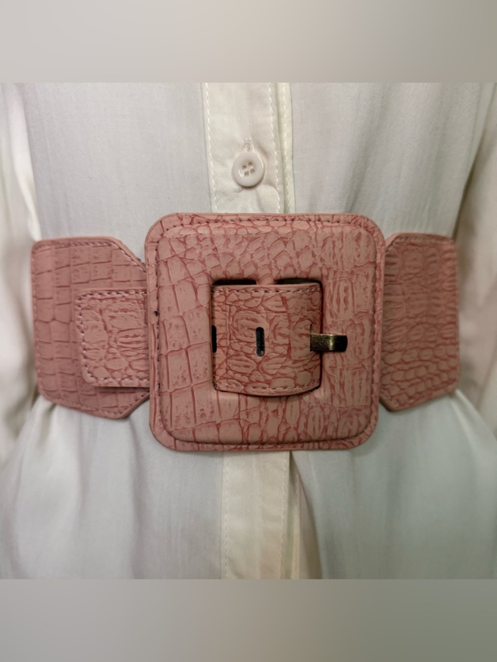 Light pink croc embossed PU leather elastic waistband belt